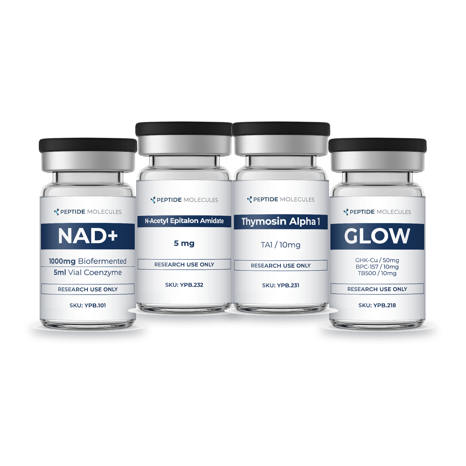 Research Collection A — NAD+ / Epitalon / Thymosin Alpha-1 / GHK-Cu Blend research vials - bundle contents