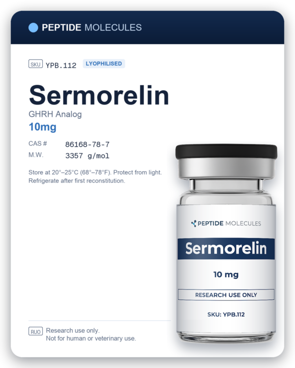 Sermorelin research vial datasheet, SKU YPB.112. Research use only.