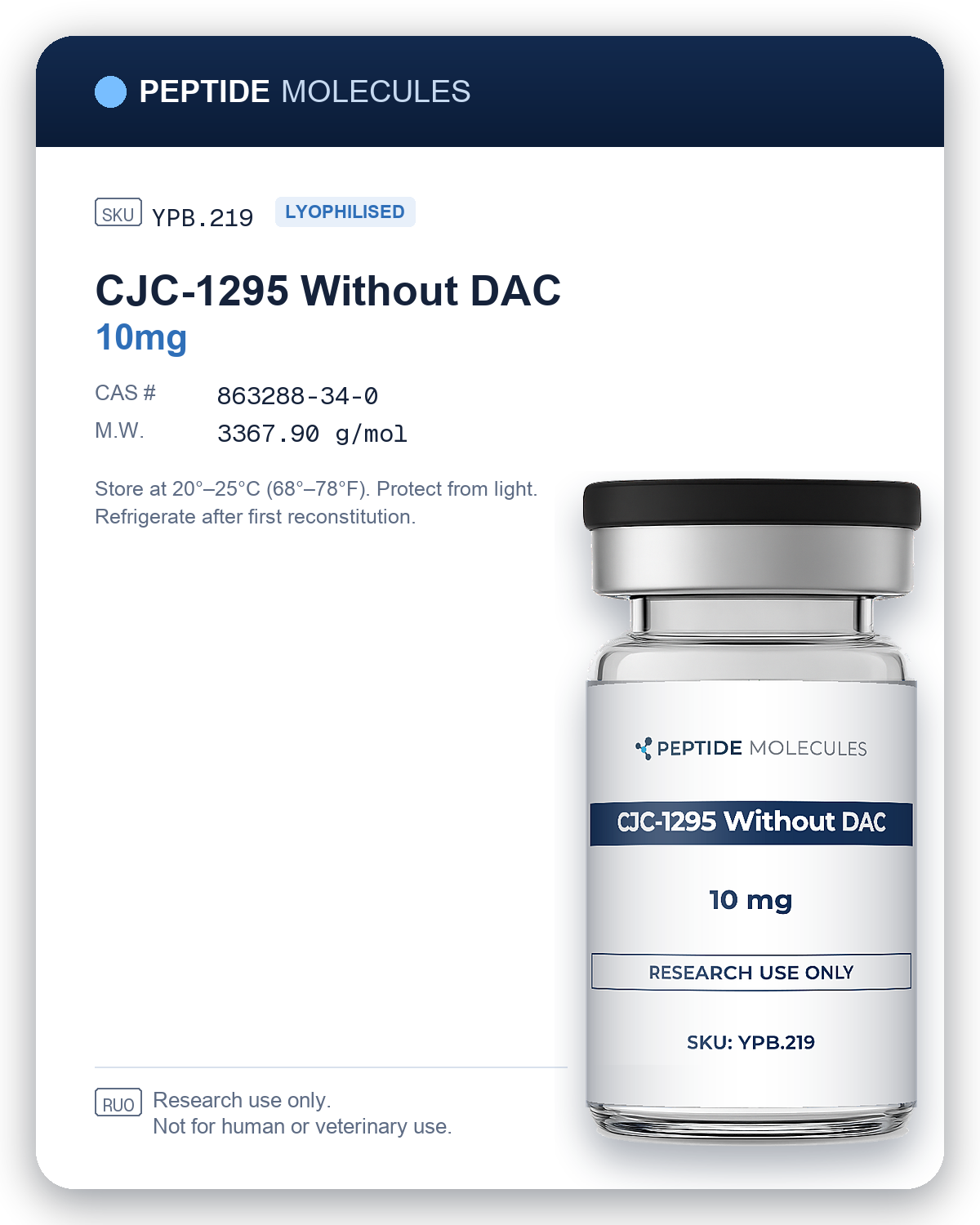 CJC-1295 Without DAC research vial datasheet, SKU YPB.219. Research use only.