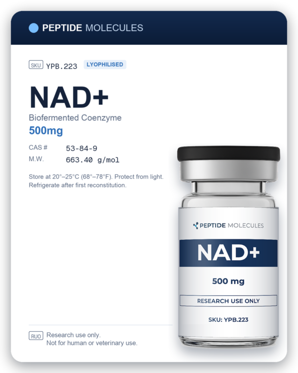 NAD+ research vial datasheet, SKU YPB.223. Research use only.